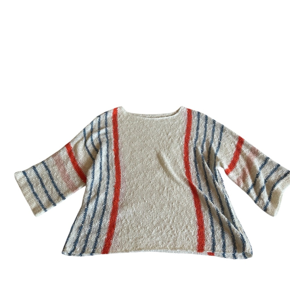 Cream Knit Top with Red and Navy Stripes